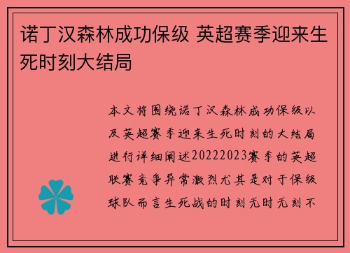 诺丁汉森林成功保级 英超赛季迎来生死时刻大结局